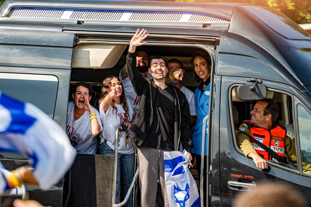 (Left) Israeli Prime Minister Benjamin Netanyahu and his wife Sara greet President Donald Trump at Ben Gurion Airport near Tel Aviv on Oct. 13, 2025. (Right) Released Israeli hostage, Guy Gilboa Dalal, is escorted into Beilinson Hospital in Israel on Oct. 13, 2025. (Saul Loeb/AFP via Getty Images, Ori Aviram/Middle East Images/AFP via Getty Images)