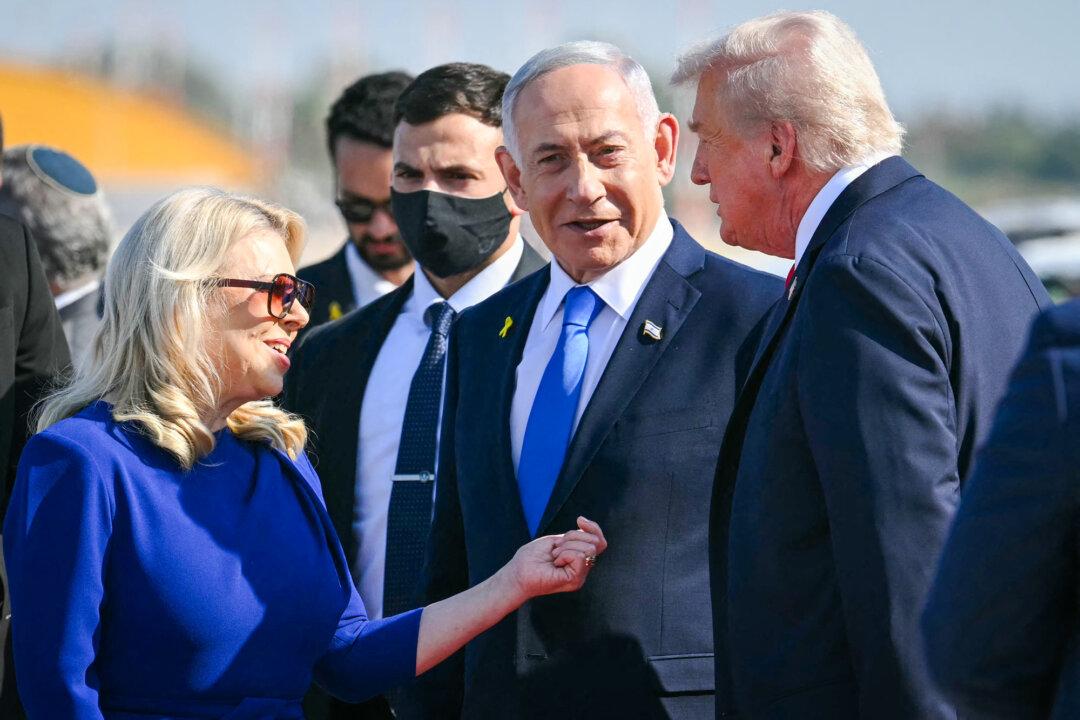 (Left) Israeli Prime Minister Benjamin Netanyahu and his wife Sara greet President Donald Trump at Ben Gurion Airport near Tel Aviv on Oct. 13, 2025. (Right) Released Israeli hostage, Guy Gilboa Dalal, is escorted into Beilinson Hospital in Israel on Oct. 13, 2025. (Saul Loeb/AFP via Getty Images, Ori Aviram/Middle East Images/AFP via Getty Images)