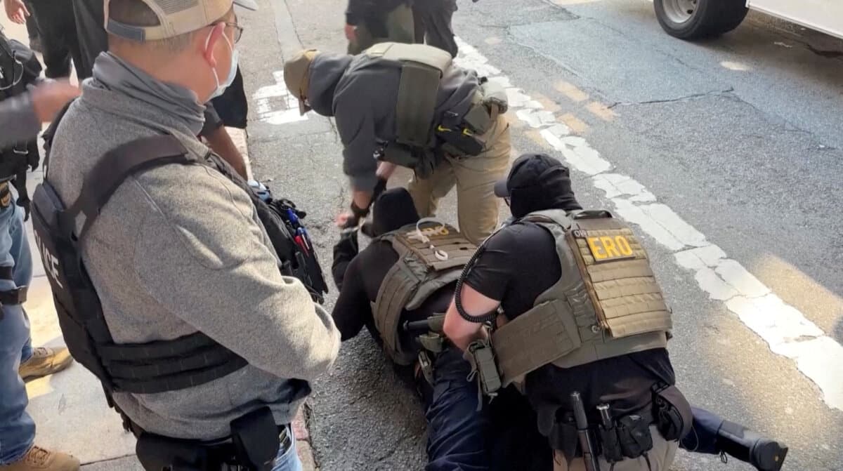 Federal immigration agents detain an individual during demonstrations in downtown San Francisco on Aug. 20, 2025, in this screengrab taken from video. (Reuters TV)