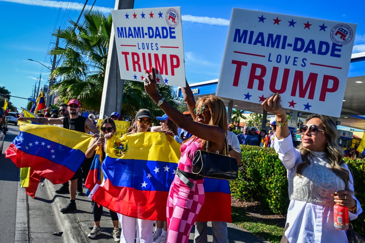 People react to the news of the capture of Venezuelan leader Nicolás Maduro, following U.S. military actions in Venezuela over the weekend, in Doral, Fla., on Jan. 3, 2026. (Giorgio Viera/AFP via Getty Images)
