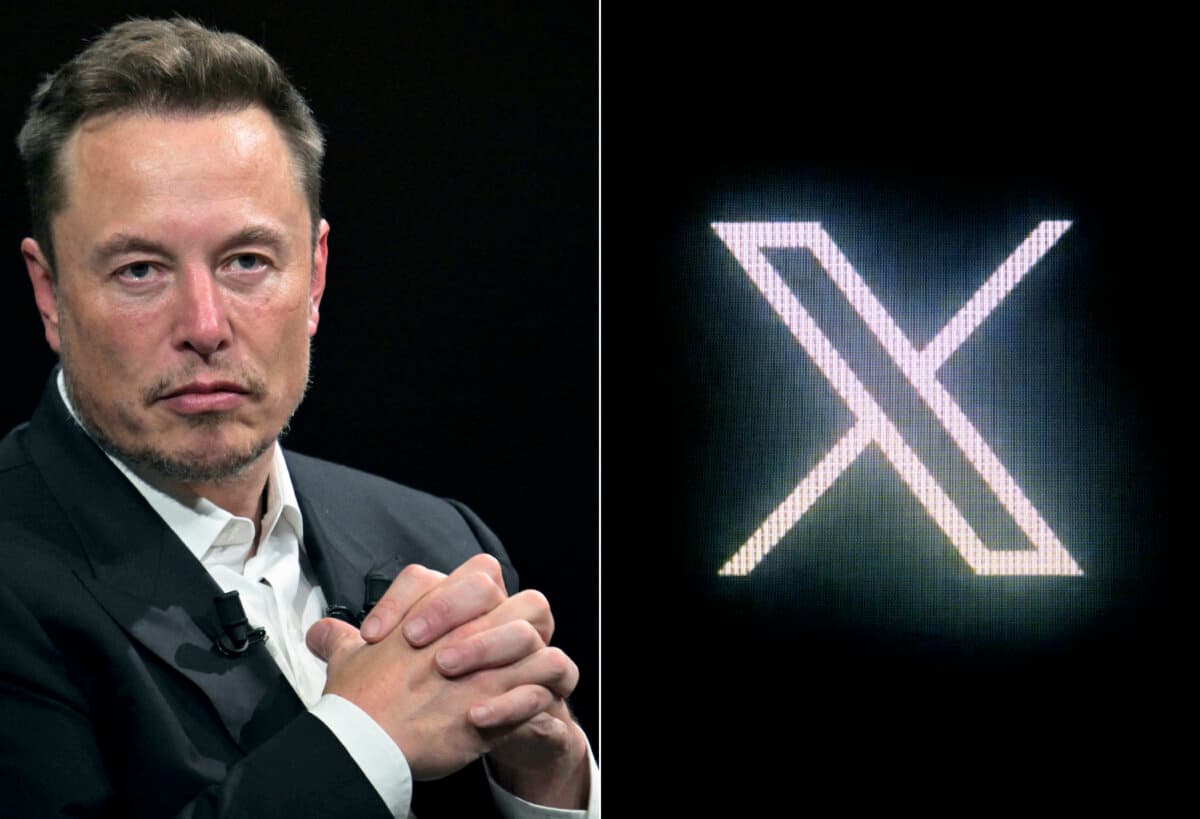 (Left) SpaceX and Tesla CEO Elon Musk at the Vivatech technology startups and innovation fair at the Porte de Versailles exhibition center in Paris on June 16, 2023. (Right) The X logo, pictured on a screen in Paris on July 24, 2023. (Alain Jocard/AFP via Getty Images)