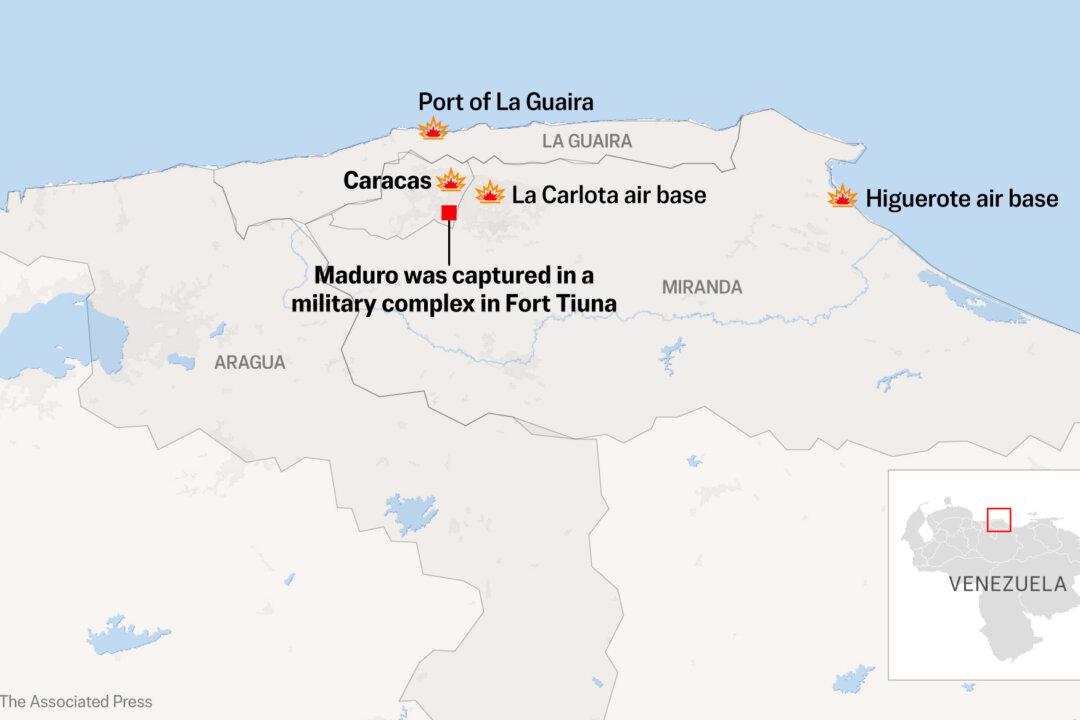 This illustration depicts Caracas and the states in which the Venezuelan regime said U.S. military strikes occurred before the capture of Venezuelan leader Nicolás Maduro and his wife on Jan. 3, 2025. (Anika Arora Seth, Phil Holm via AP)