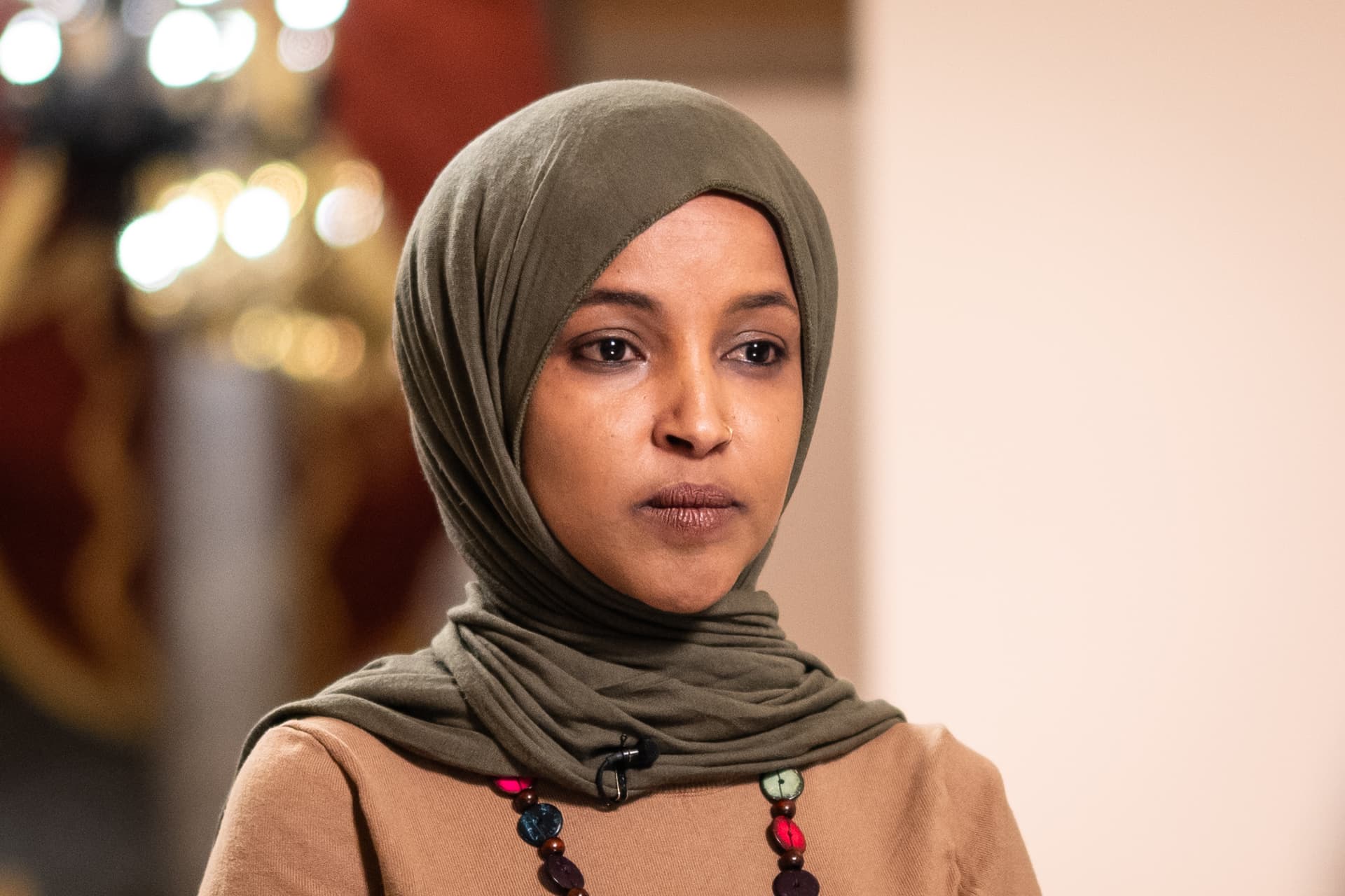 Rep. Ilhan Omar (D-Minn.) prepares for a TV interview on Capitol Hill in Washington on Jan. 7, 2026. (Madalina Kilroy/The Epoch Times)