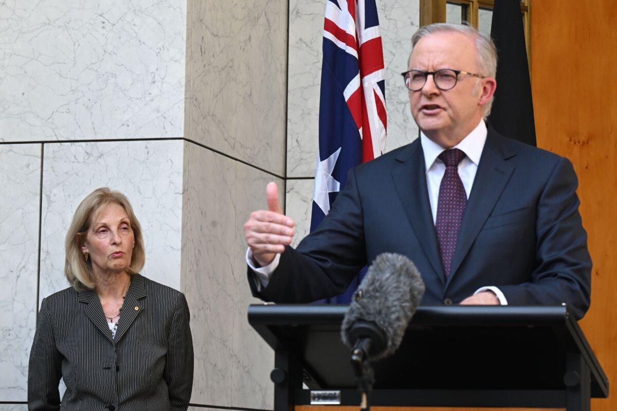 Special Envoy to Combat Antisemitism in Australia Jillian Siegel listens to Australian Prime Minister Anthony Albanese speak to the media during a press conference at Parliament House in Canberra, Australia on Jan. 8, 2026. (AAP Image/Lukas Coch)