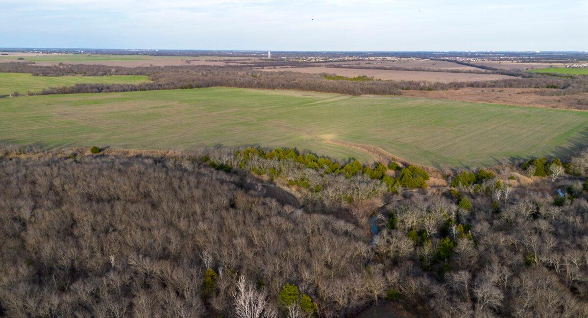 Aerial view of farmland slated for a Muslim community anchored by a mosque near Josephine, Texas, on Dec. 24, 2025. (Bobby Sanchez for The Epoch Times)