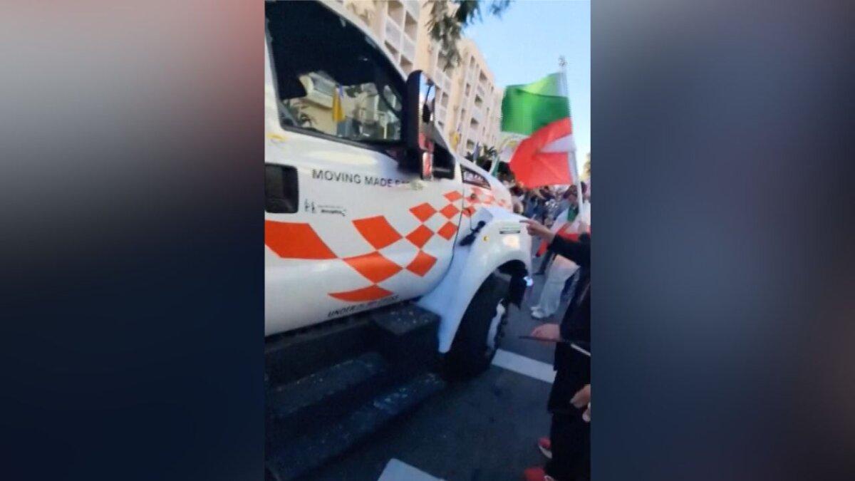 A U-Haul truck plows into a crowd of protesters during a rally in support of Iran demonstrations in Los Angeles on Jan. 11, 2026, in a still from video. (@Shangoolans via X via Reuters/Screenshot via The Epoch Times)