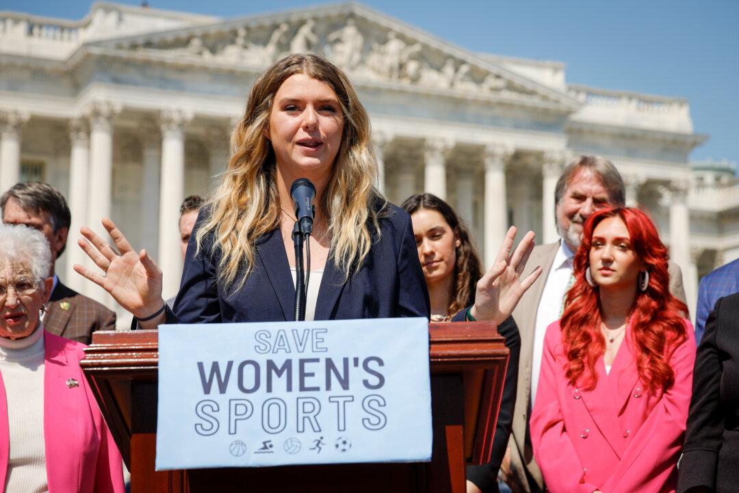 Lee University student athlete Macy Petty speaks at a rally celebrating the House passage of the Protection of Women and Girls in Sports Act outside the U.S. Capitol on April 20, 2023. At a college recruitment event, Petty was shocked when she walked onto the volleyball court and saw that she was matched with a male. (Chip Somodevilla/Getty Images)