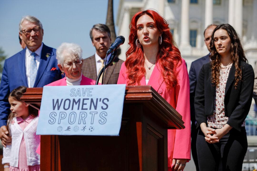 Track and field athlete Selina Soule speaks at a rally celebrating the House passage of the Protection of Women and Girls in Sports Act outside the U.S. Capitol on April 20, 2023. Soule said she had to compete against two males throughout her four years of high school in Connecticut. (Chip Somodevilla/Getty Images)