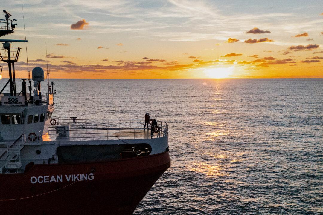 The migrant rescue ship “Ocean Viking,” operated by the NGO SOS Mediterranee, patrols in the search-and-rescue zone in international waters between Italy and Malta, on Jan. 13, 2026. (Sameer Al-Doumy/AFP via Getty Images)