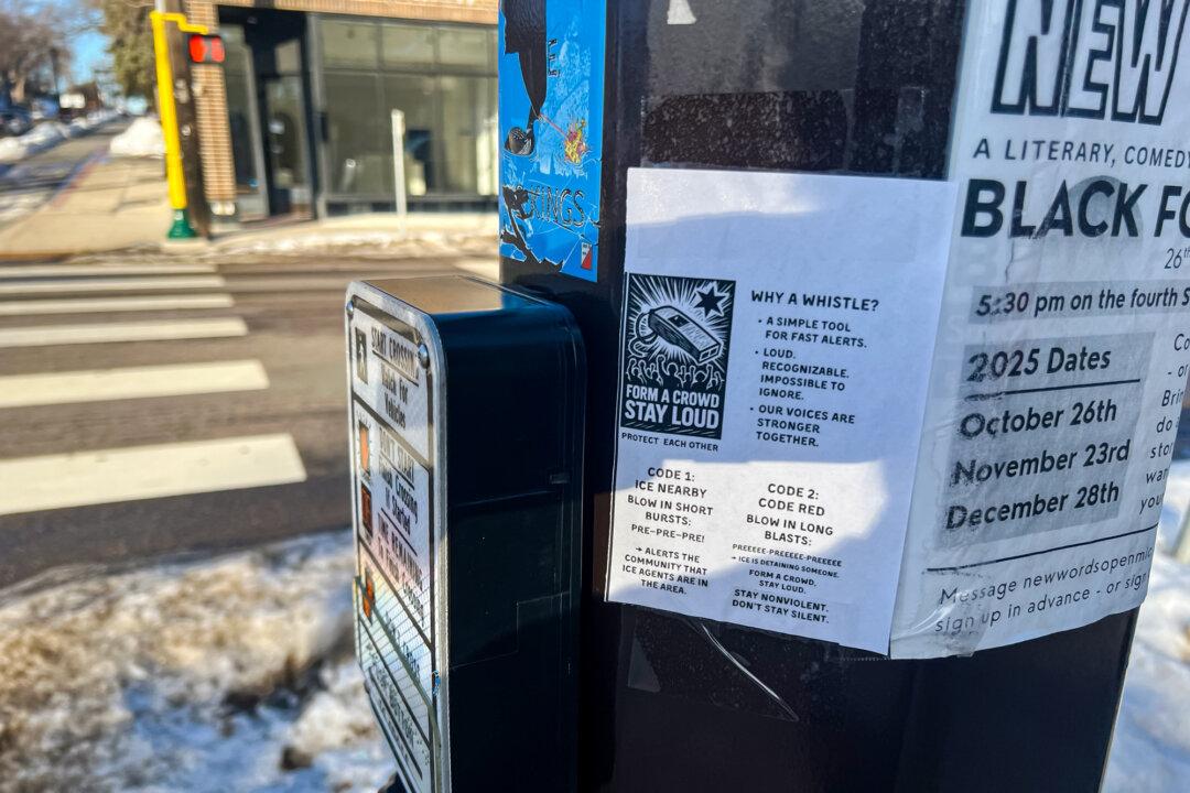(Left) Thousands of whistles are being handed out for free by a neighborhood group across the Minneapolis area to serve as warning signals when immigration agents are nearby. (Right) Posters that detailed how whistles should be used were scattered across the Lynnhurst neighborhood in southwest Minneapolis on Jan. 12, 2026. (Jacki Thrapp/The Epoch Times)