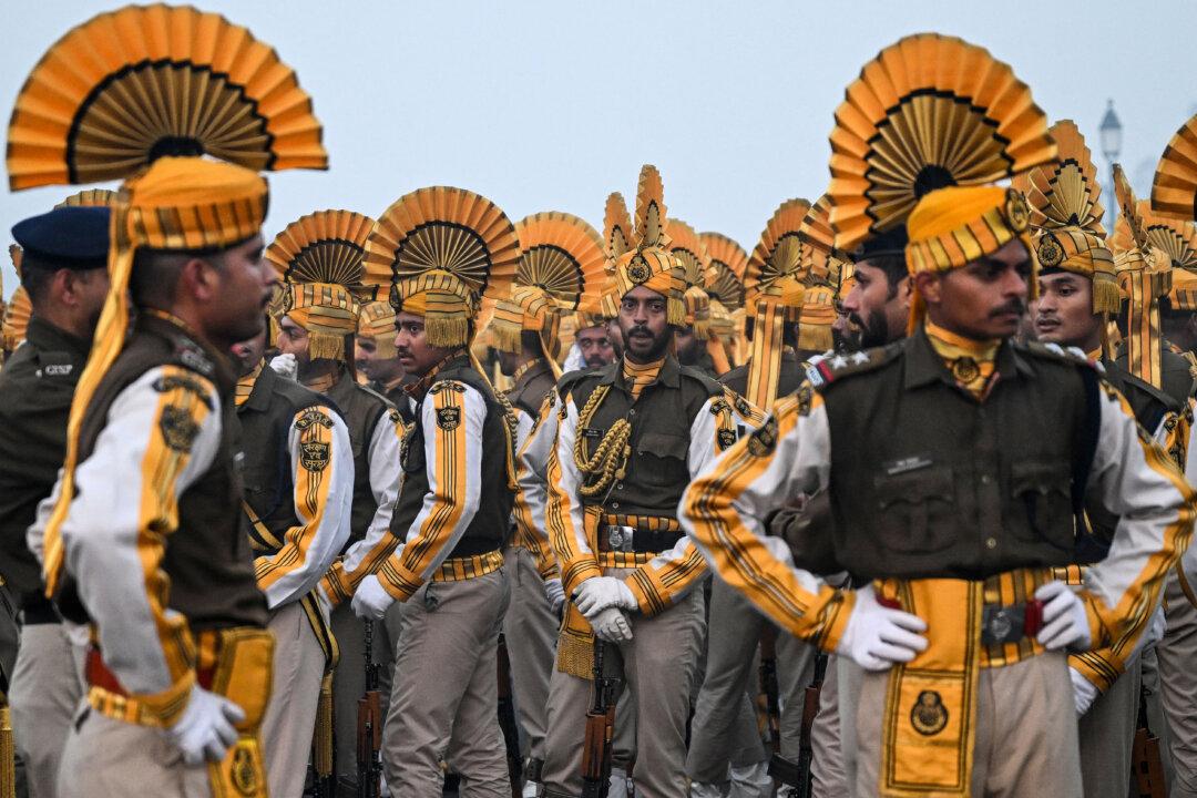 Central Industrial Security Force cadets participate in a rehearsal ahead of the Republic Day parade, on a cold winter morning in New Delhi, India, on Jan. 14, 2026. (Arun Sankar/AFP via Getty Images)