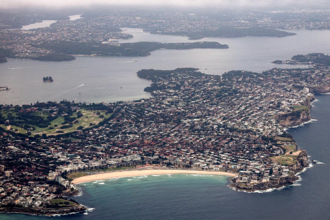 An aerial view of Bondi Beach and Sydney Harbour as seen from a plane flying over Sydney, Australia, on Jan. 14, 2026. (David Gray/AFP via Getty Images)