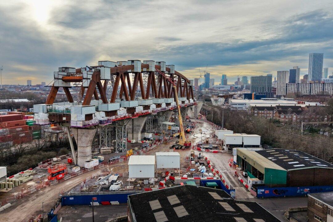 An aerial view of the HS2 Curzon Viaduct 2 standing in the landscape, ready to be jacked into position when completed in Birmingham, England, on Jan. 14, 2026. (Christopher Furlong/Getty Images)