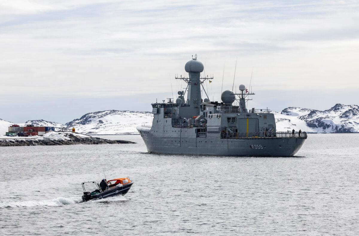 A Royal Danish Navy vessel prepares to dock in the city of Nuuk, Greenland, on May 4, 2025. (John Fredricks/The Epoch Times)