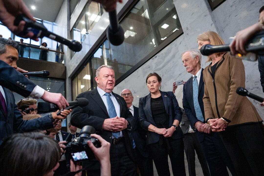 Danish Foreign Minister Lars Loekke Rasmussen and Greenlandic Foreign Minister Vivian Motzfeldt speak to reporters after a meeting with lawmakers on Capitol Hill in Washington on Jan. 14, 2025. (Madalina Kilroy/The Epoch Times)