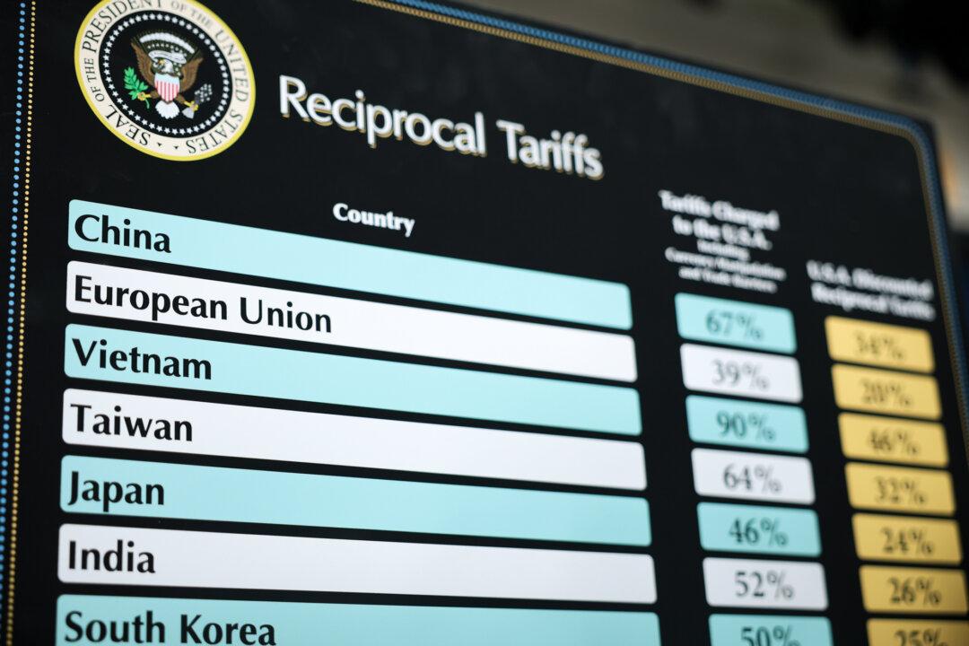 A chart that shows the reciprocal tariffs that the United States is charging other countries is on display at the James Brady Press Briefing Room of the White House on April 2, 2025. President Donald Trump announced new tariffs targeting goods imported to the United States from most trading partners, including China, Japan, and India. (Alex Wong/Getty Images)