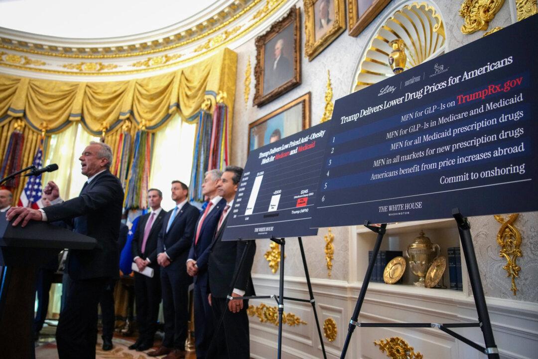 Health Secretary Robert F. Kennedy Jr. speaks next to charts displaying drug prices at an event at which President Donald Trump delivered remarks about lowering drug prices, in the Oval Office on Nov. 6, 2025. Trump announced that his administration has reached agreements with drugmakers Eli Lilly and Novo Nordisk that would lower the price of some GLP-1 weight loss medications. (Andrew Harnik/Getty Images)