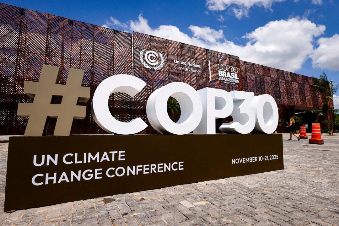 The COP30 logo is seen in front of the central building ahead of the COP30 Brazil Amazonia 2025 in Belem, Brazil, on Nov. 3, 2025. The Conference of the Parties meets annually to discuss and negotiate on climate-related issues. (Wagner Meier/Getty Images)