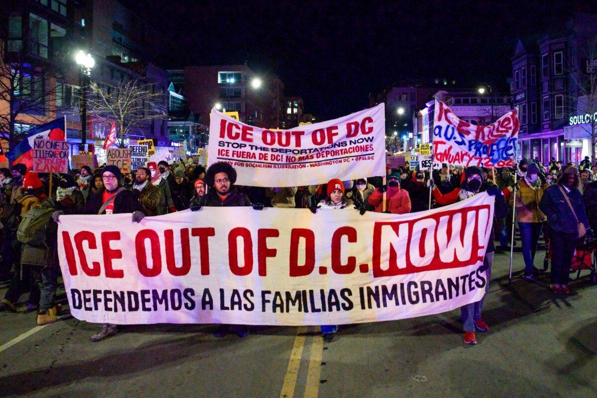 People join a march to protest against Immigration and Customs Enforcement operations in Washington on Jan. 20, 2026. (Madalina Kilroy/The Epoch Times)