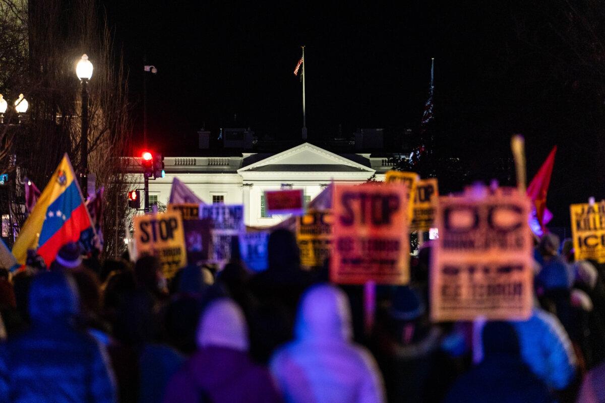 People join a march to protest against Immigration and Customs Enforcement operations, in Washington on Jan. 20, 2026. (Madalina Kilroy/The Epoch Times)