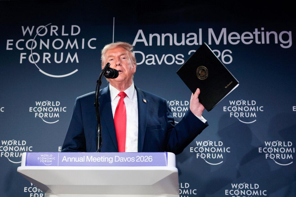 President Donald Trump speaks during a reception for business leaders at the World Economic Forum annual meeting in Davos, Switzerland, on Jan. 21, 2026. (Chip Somodevilla/Getty Images)