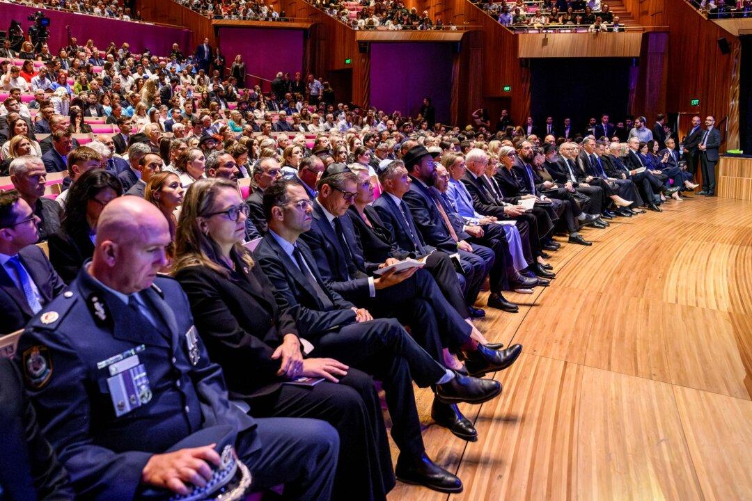 The “Light Will Win” memorial service at the Sydney Opera House in Sydney on Jan. 22, 2026, is part of the national day of mourning for victims of the Dec. 14, 2025, Bondi Beach shooting. (Steven Markham/AFP via Getty Images)