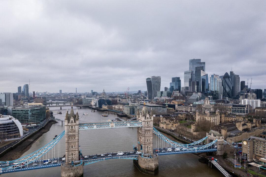 An aerial view over the square mile, the River Thames and Tower Bridge in London on Jan. 22, 2026. (Dan Kitwood/Getty Images)