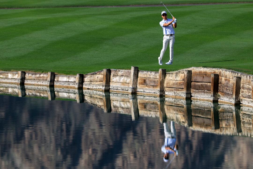 Michael Kim of the United States plays a shot on the fifth hole during the first round of The American Express 2026 at the Pete Dye Stadium Course in La Quinta, Calif., on Jan. 22, 2026. (Jed Jacobsohn/Getty Images)