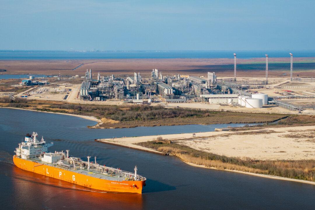 An aerial view of a cargo ship passing by the Cheniere Energy liquefied natural gas plant in Port Arthur, Texas, on Feb. 10, 2025. (Brandon Bell/Getty Images)