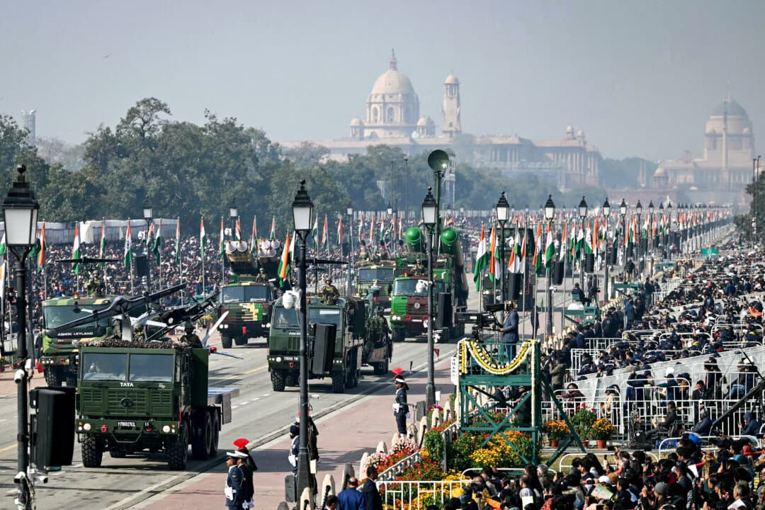 Indian military's armored vehicles are pictured during the country's 77th Republic Day parade at Kartavya Path in New Delhi, on Jan. 26, 2026. (Sajjad Hussain/AFP via Getty Images)