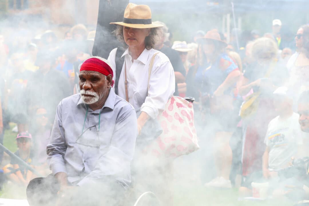 Warlpiri elder Ned Hargraves takes part in a protest in the central business district in Sydney, Australia, on Jan. 26, 2026. Australia Day, formerly known as Foundation Day, is the official national day of Australia and is celebrated annually on Jan. 26 to commemorate the arrival of the First Fleet to Sydney in 1788. (Lisa Maree Williams/Getty Images)