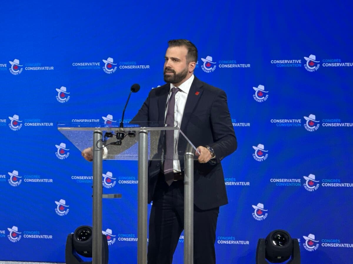 Conservative MP Aaron Gunn speaks at the 2026 Conservative Party convention at the BMO Centre in Calgary on Jan. 29, 2026. (Omid Ghoreishi/The Epoch Times)