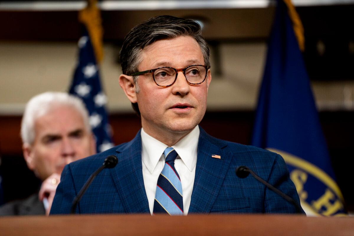 Speaker of the House Mike Johnson (R-La.) speaks during a press conference on Capitol Hill in Washington on Jan. 21, 2026. (Madalina Kilroy/The Epoch Times)