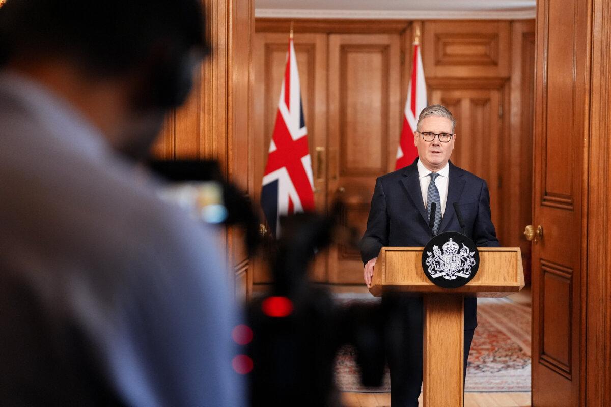 Britain's Prime Minister Keir Starmer speaks as he makes a statement from Downing Street in central London on Feb. 28, 2026, following the US and Israel's strikes on Iran. (Jonathan Brady / POOL / AFP via Getty Images)
