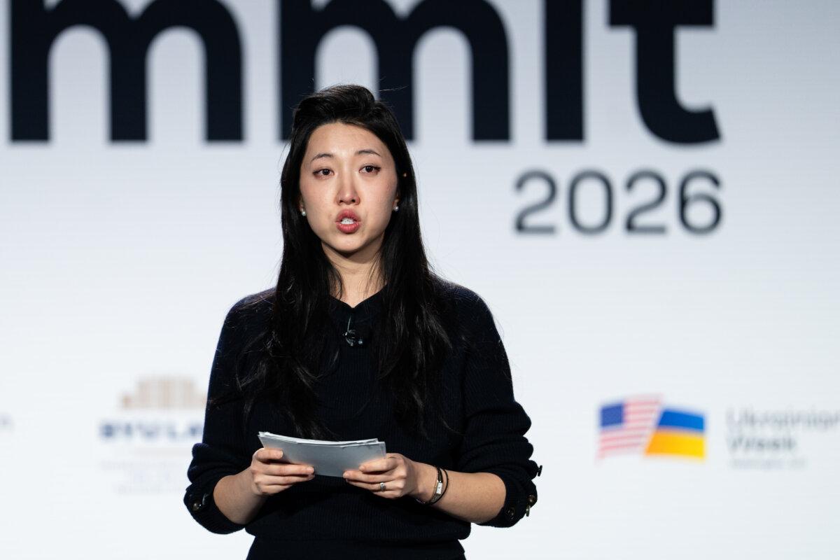 Grace Jin Drexel, daughter of founding pastor Ezra Jin of Zion Church in China, speaks during the International Religious Freedom Summit in Washington on Feb. 2, 2026. (Madalina Kilroy/The Epoch Times)