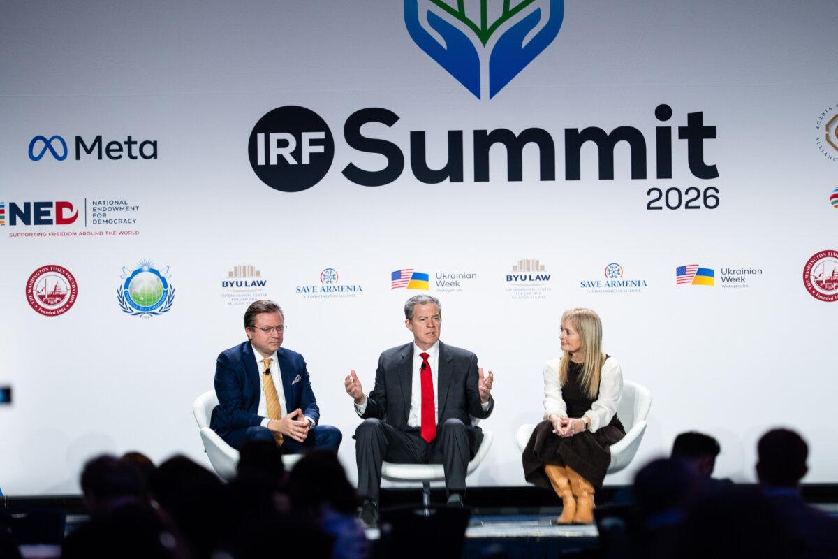 (L–R) Jan Jekielek, Epoch Times senior editor and host of "American Thought Leaders"; Sam Brownback, former U.S. ambassador-at-large of international religious freedom; and Katrina Lantos Swett, Victims of Communism Foundation trustee and Lantos Foundation for Human Rights and Justice president, at the International Religious Freedom Summit in Washington on Feb. 2, 2026. (Madalina Kilroy/The Epoch Times)