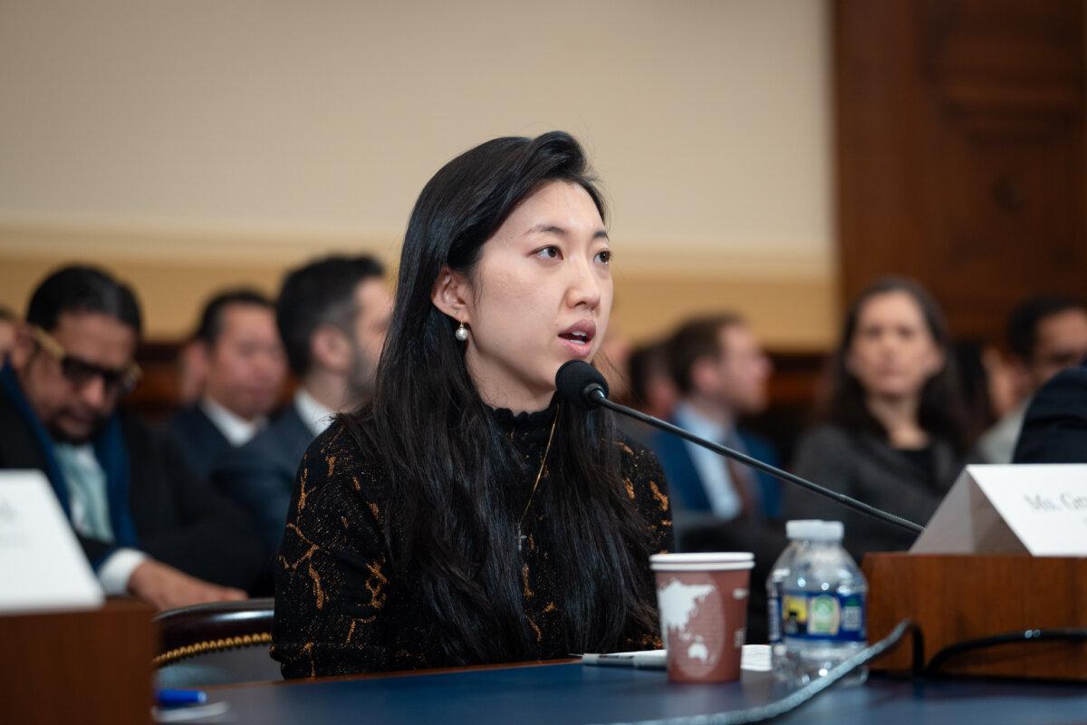 Grace Jin Drexel, daughter of founding pastor Ezra Jin of Zion Church in China, testifies before the House Foreign Affairs Africa Subcommittee on Capitol Hill in Washington on Feb. 4, 2026. (Madalina Kilroy/The Epoch Times)