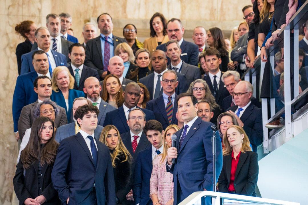 The Rubios—(front row, L–R) Daniella, Anthony, Amanda, Dominick, and Jeanette—watch Secretary of State Marco Rubio deliver remarks on his first day at the State Department in Washington on Jan. 21, 2025. (Freddie Everett/U.S. Department of State/Flickr)