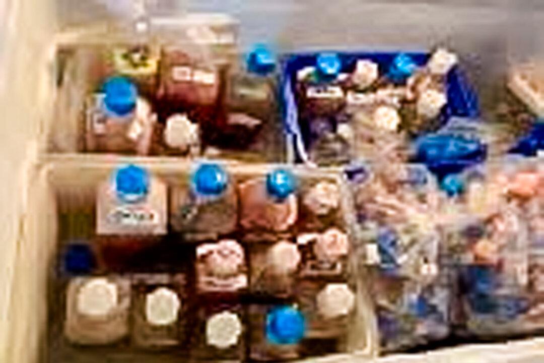 (Top) Bags labeled “MDMA,” “Coca,” and “Met” found in freezers at the Reedley biolab in California. “Coca” and “Met” likely refer to cocaine and methamphetamine. Other bags were labeled “THC” and “Amp” (likely amphetamine). (Bottom) Blood and other fluids discovered in two of the biolab’s 30 refrigerators and deep freezers. (City of Reedley)