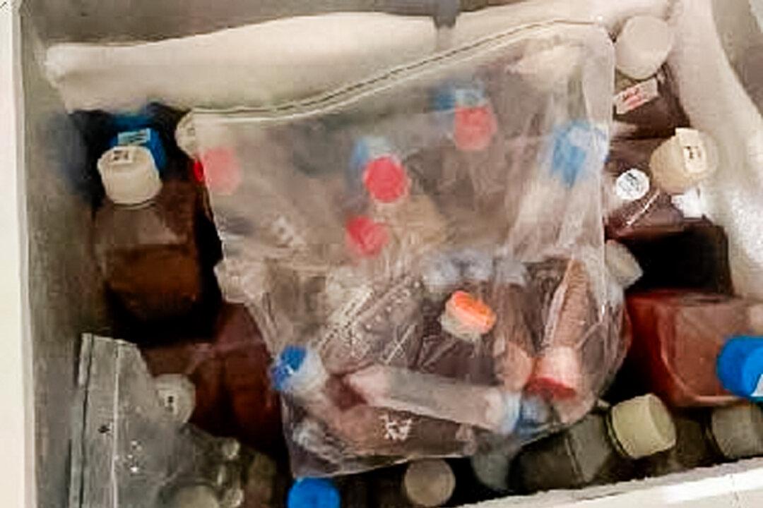 (Top) Bags labeled “MDMA,” “Coca,” and “Met” found in freezers at the Reedley biolab in California. “Coca” and “Met” likely refer to cocaine and methamphetamine. Other bags were labeled “THC” and “Amp” (likely amphetamine). (Bottom) Blood and other fluids discovered in two of the biolab’s 30 refrigerators and deep freezers. (City of Reedley)