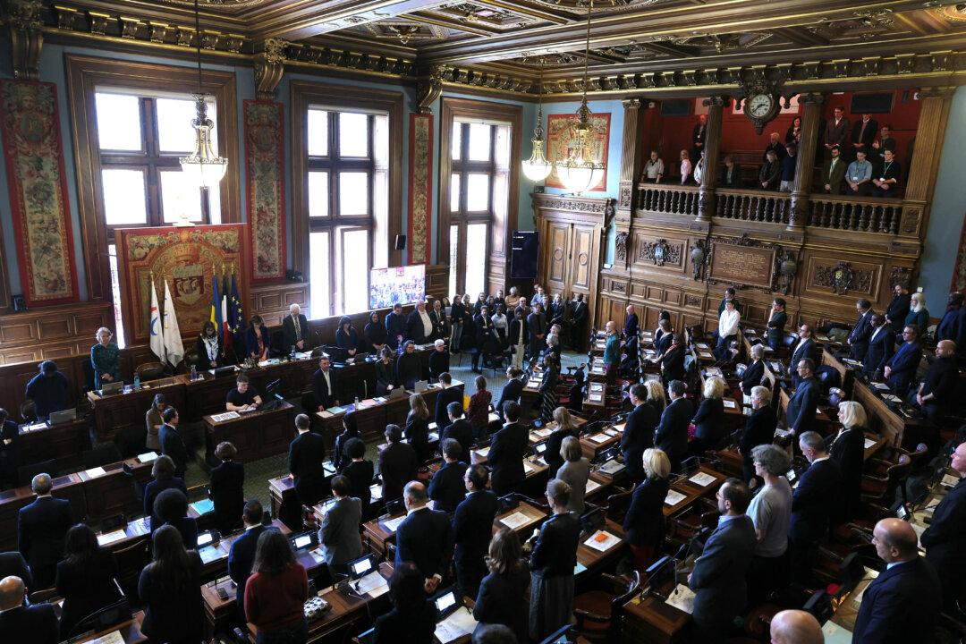 The mayor of Paris, Anne Hidalgo (4th L, up), chairs her last city council session at the Hotel de Ville in Paris, on Feb. 9, 2026, before the 2026 municipal elections. Municipal elections will be held in France on March 15 and 22, 2026. (Thomas Samson/AFP via Getty Images)
