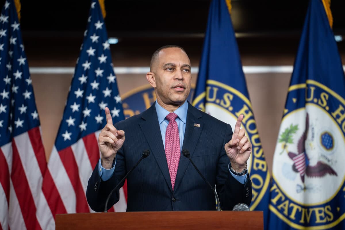 House Minority Leader Hakeem Jeffries (D-N.Y.) speaks during a news conference on Capitol Hill in Washington on Feb. 9, 2026. (Madalina Kilroy/The Epoch Times)