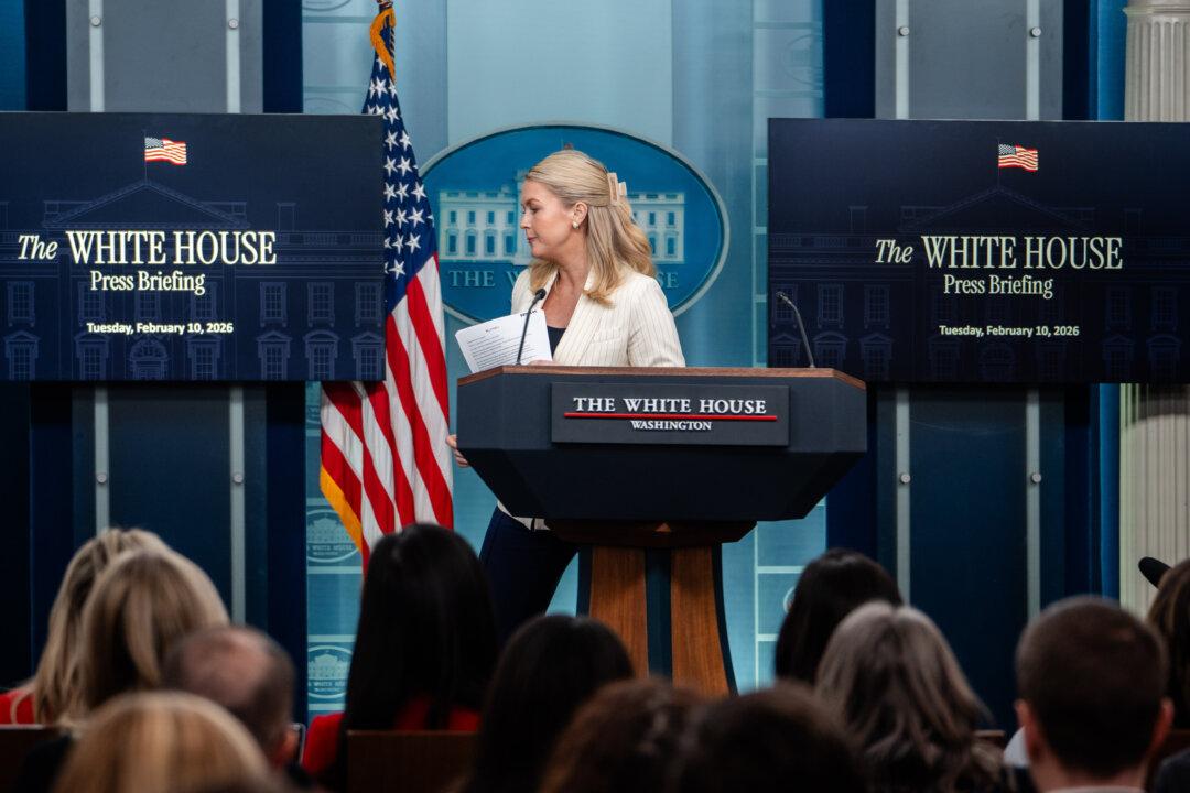 White House Press Secretary Karoline Leavitt arrives to speak during a news briefing in the James S. Brady Press Briefing Room of the White House in Washington on Feb. 10, 2026. Leavitt spoke to reporters on a range of topics as a possible government shutdown looms over funding for the Department of Homeland Security. (Anna Moneymaker/Getty Images)