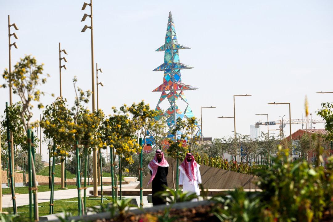 The Art Tower stands at the Sports Boulevard, a sustainable urban regeneration project and cornerstone of Saudi Vision 2030 in Riyadh, on day two of the Prince of Wales's first official visit to Saudi Arabia on Feb. 10, 2026. The project, when completed in 2027, will become the longest linear park in the world. (Isabel Infantes - Pool/Getty Images)