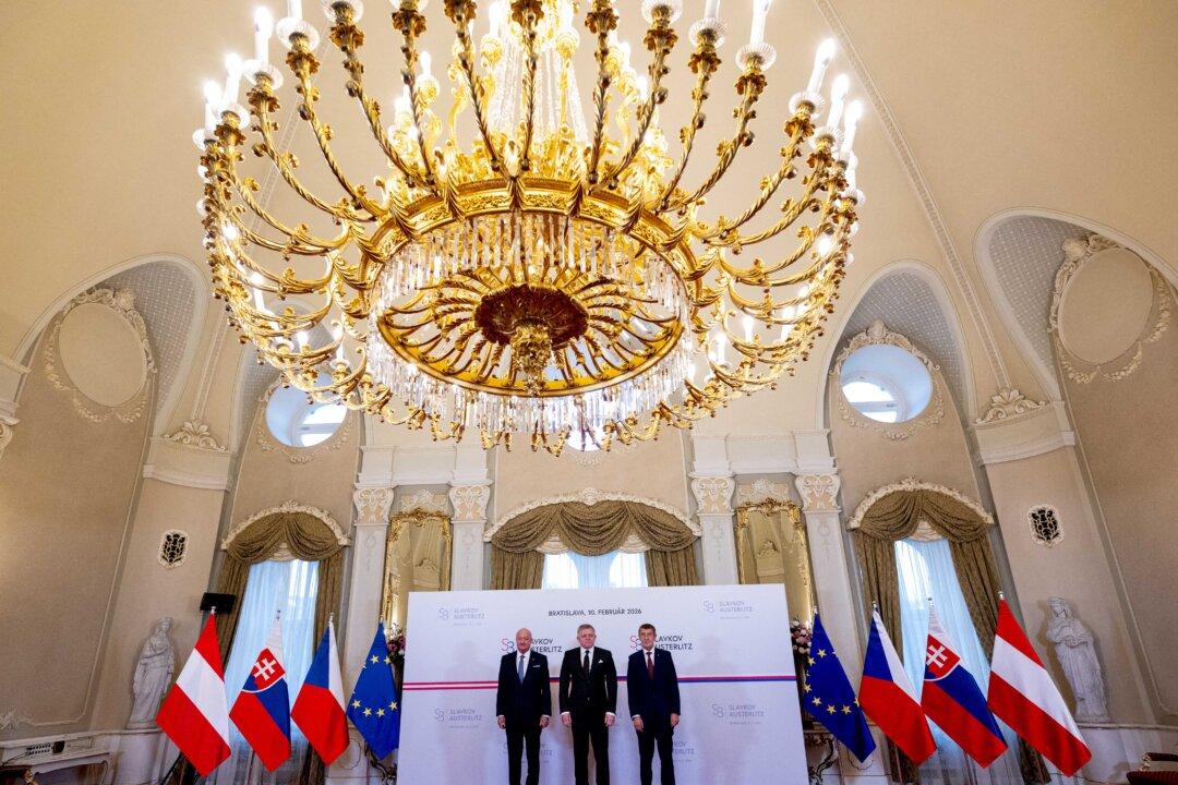 (L-R) Austria's Chancellor Christian Stocker, Slovakia's Prime Minister Robert Fico, and Czech Prime Minister Andrej Babis pose prior to the so-called Slavkov Format summit in Bratislava, Slovakia, on Feb. 10, 2026. (Joe Klamar/AFP via Getty Images)