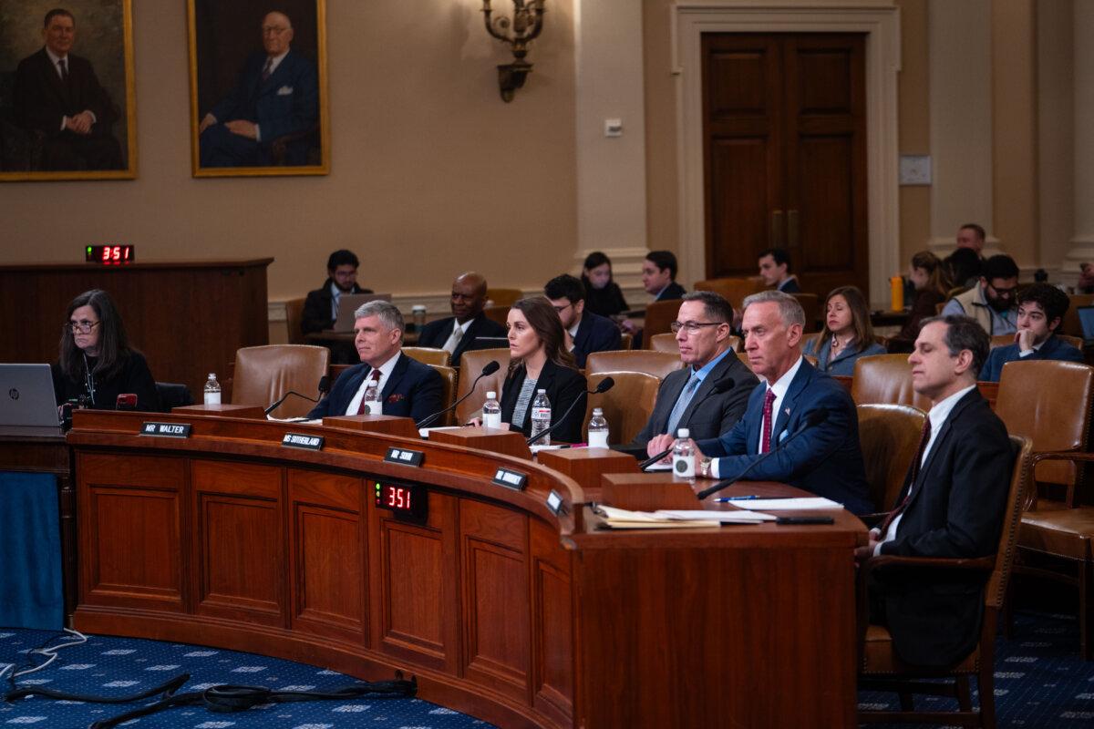 (L–R) Capital Research Center president Scott Walter, Americans for Public Trust executive director Caitlin Sutherland, Narravance co-founder and CEO Adam Sohn, Dubinsky Consulting founder Bruce Dubinsky, and Public Citizen Co-President Robert Weissman testify before the House Committee on Ways and Means on Capitol Hill in Washington on Feb. 10, 2026. (Madalina Kilroy/The Epoch Times)