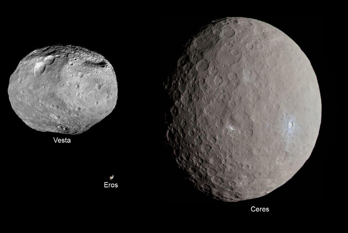 Size comparison of Vesta, Ceres and Eros. Image modified. NASA/JPL. (Public Domain)