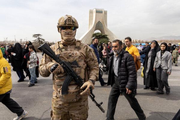 An Iranian special forces agent patrols during commemorations to mark the anniversary of the 1979 Iranian Revolution in Tehran, Iran, on Feb. 11, 2026. (Majid Saeedi/Getty Images)