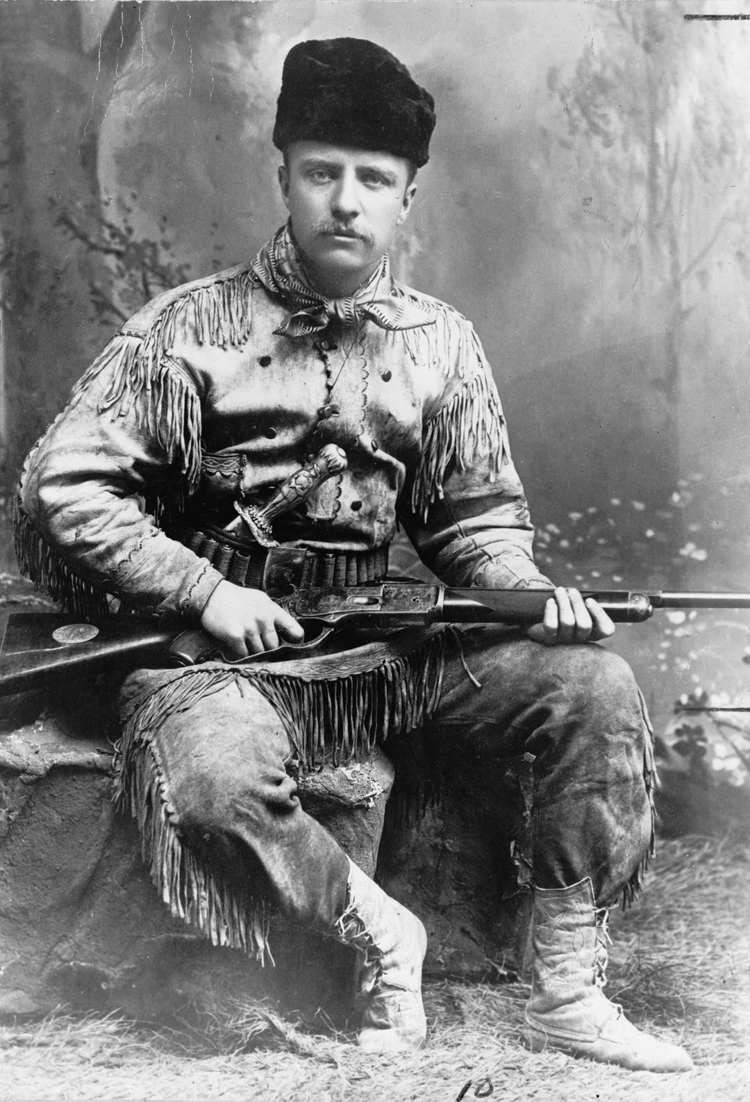 Theodore Roosevelt in a deerskin hunting suit in 1885, during his time in the West. (Library of Congress)