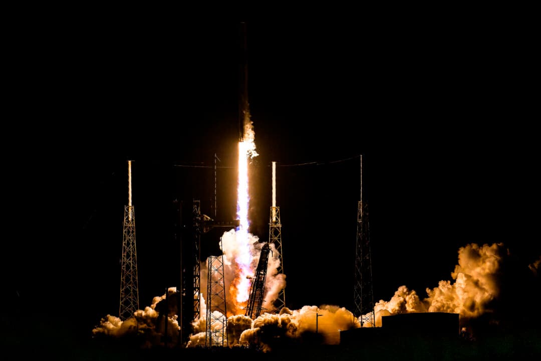 A SpaceX Falcon 9 rocket with the company's Dragon spacecraft on top launches from Space Launch Complex 40 for the Crew-12 mission at Cape Canaveral Space Force Station in Florida on Feb. 13, 2026. (Jim Watson/AFP via Getty Images)